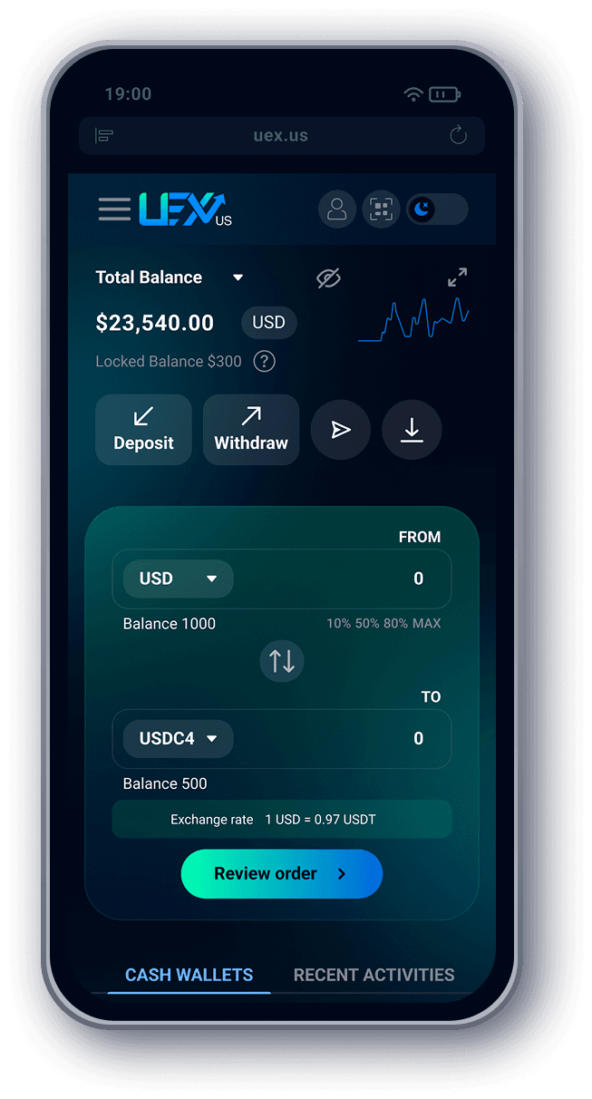 UEX Exchange platform interface — buy, sell, and manage crypto