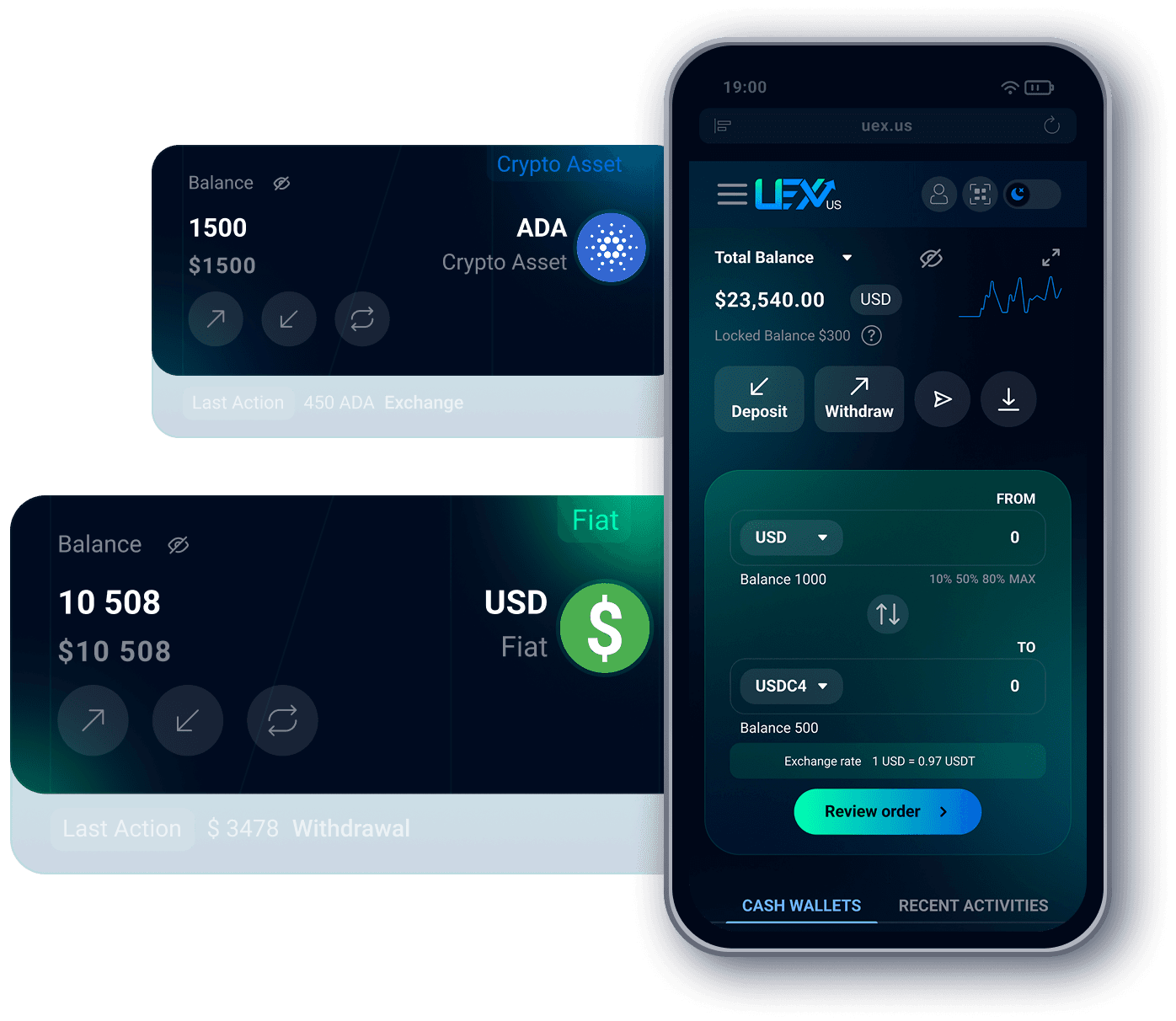 UEX Exchange platform interface — buy, sell, and manage crypto